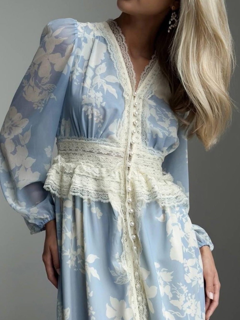 Vintage-Inspired Light Blue Floral Lace Trim Dress